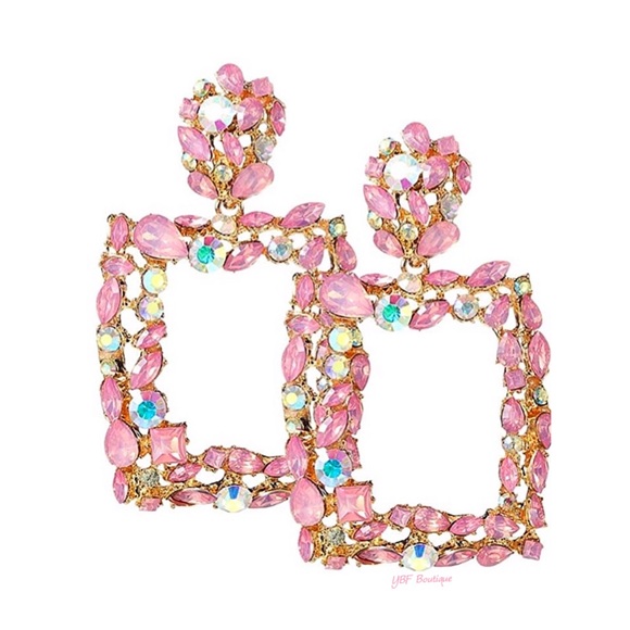New Pink & Gold Rhinestone Floral Statement Post Fashion Earrings - Picture 4 of 7